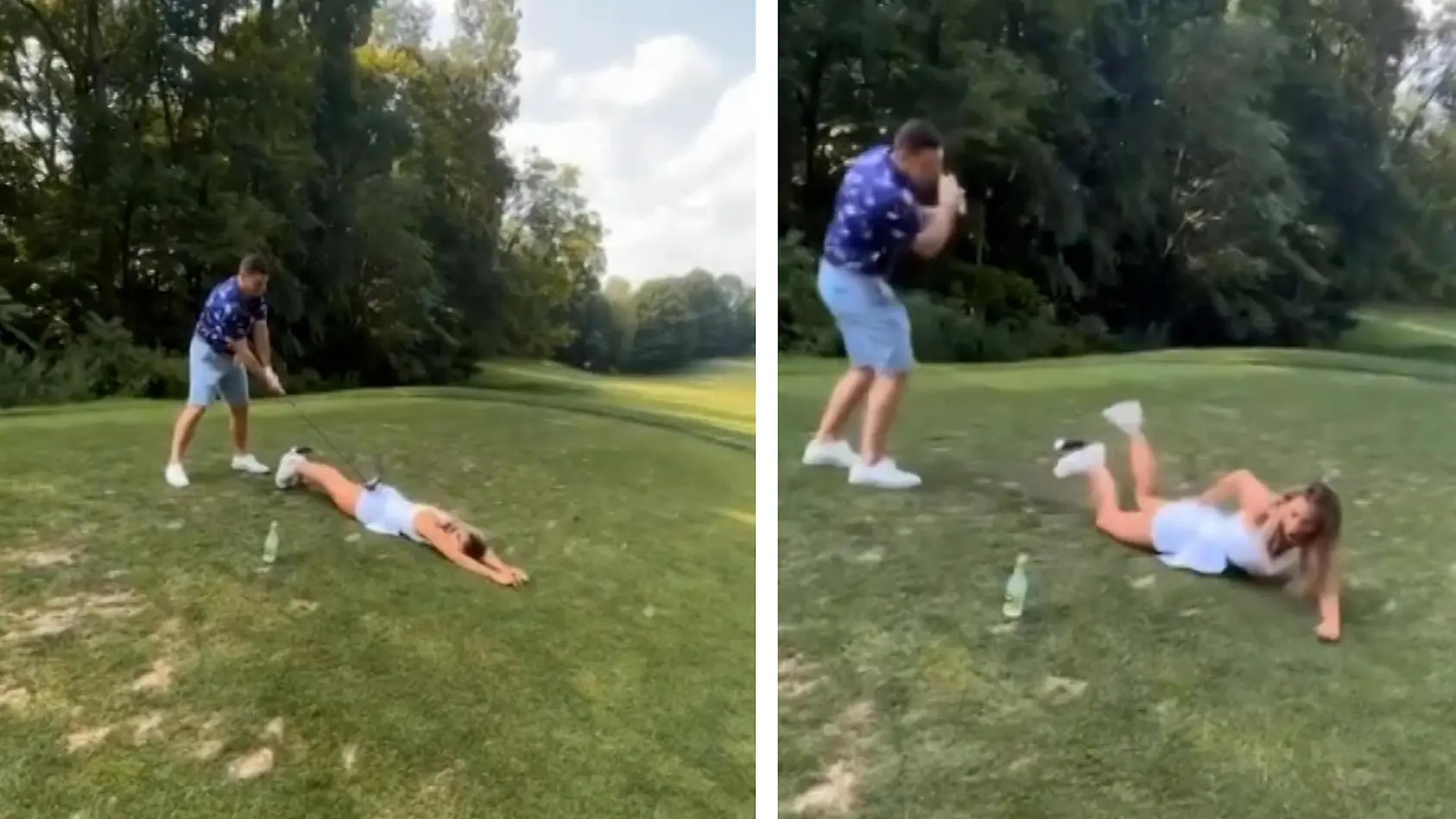 Golfer klatscht Ball vom Po einer Frau