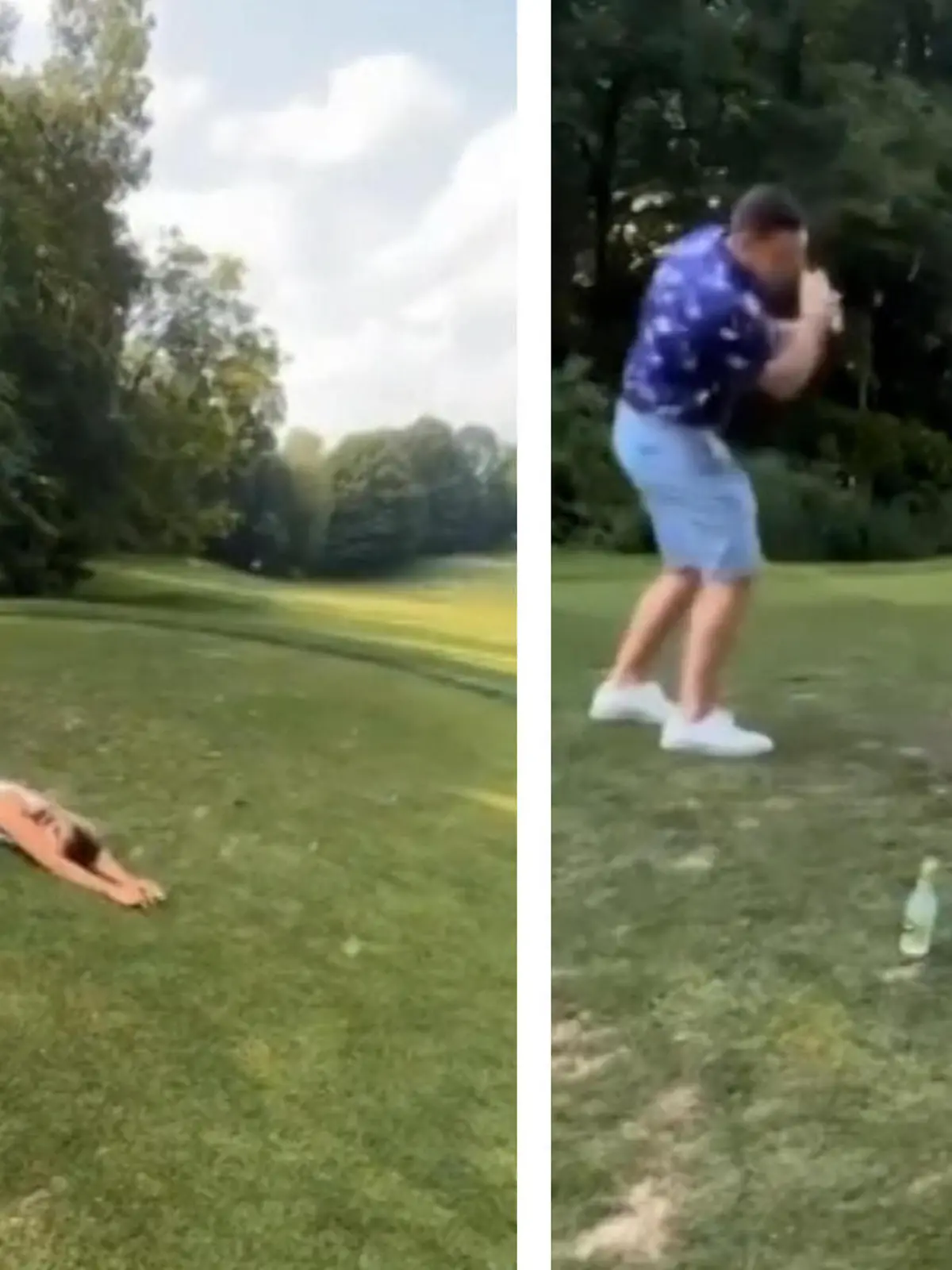 Einen Golfball von dem Hintern einer anderen Person schlagen? Wieso nicht! Genau das müssen sich diese beiden Golfer wohl bei ihrem Experiment gedacht haben. Bloß verläuft das nicht ganz wie geplant...