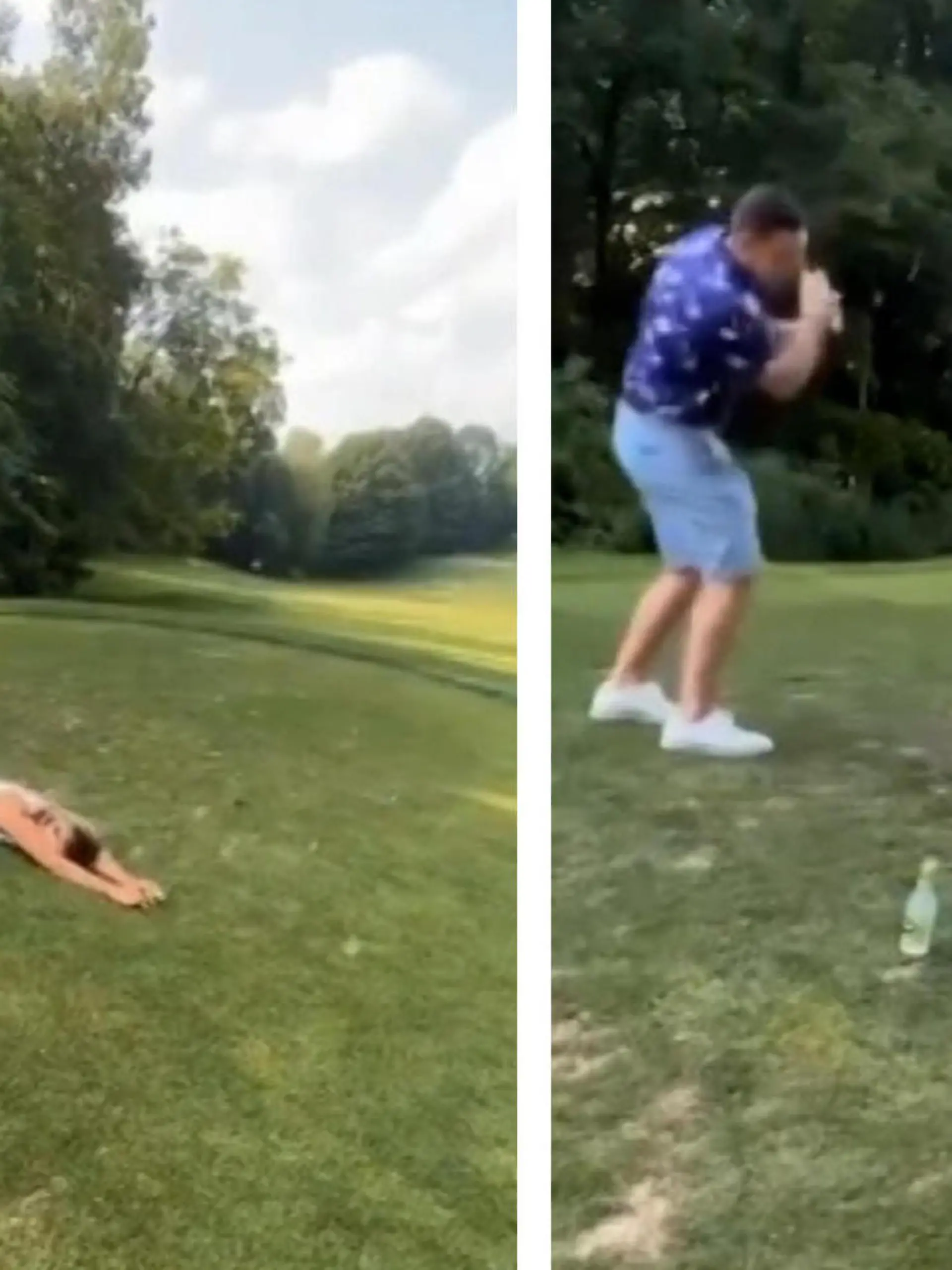 Einen Golfball von dem Hintern einer anderen Person schlagen? Wieso nicht! Genau das müssen sich diese beiden Golfer wohl bei ihrem Experiment gedacht haben. Bloß verläuft das nicht ganz wie geplant...