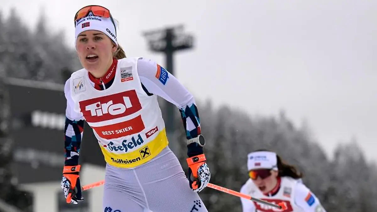 Norway's Ida Marie Hagen competes during the women's 5km cross country section of the Nordic Combined World Cup in Seefeld, Austria, Friday, Jan 27, 2023. (AP Photo/Andreas Schaad)
