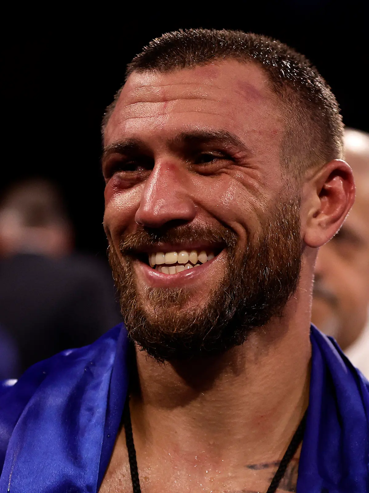 Vasiliy Lomachenko reacts after his a lightweight boxing match against Jamaine Ortiz Sunday, Oct. 30, 2022, in New York. (AP Photo/Adam Hunger)