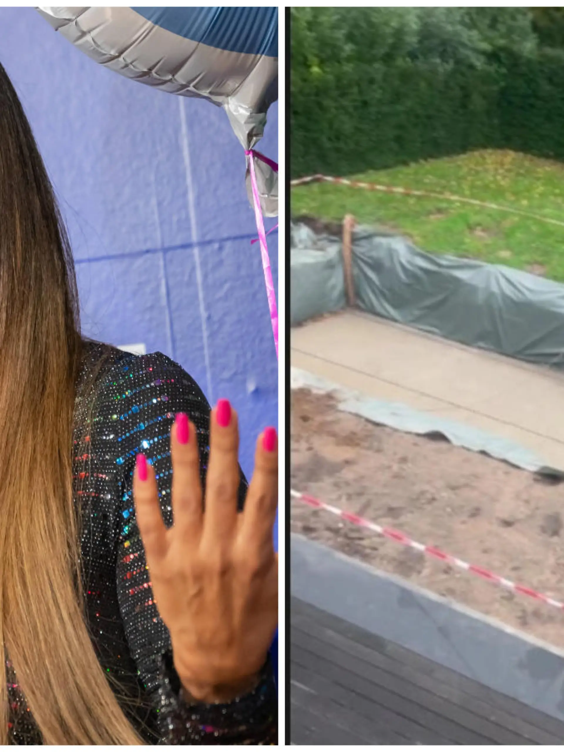 Verona Poth und die Baustelle in ihrem Garten (Collage)