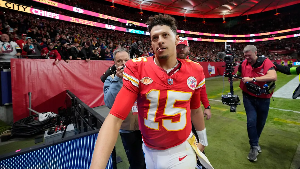 Kansas City Chiefs quarterback Patrick Mahomes heads off the field following an NFL football game against the Miami Dolphins Sunday, Nov. 5, 2023, in Frankfurt, Germany. The Chiefs won 21-14. (AP Photo/Martin Meissner)