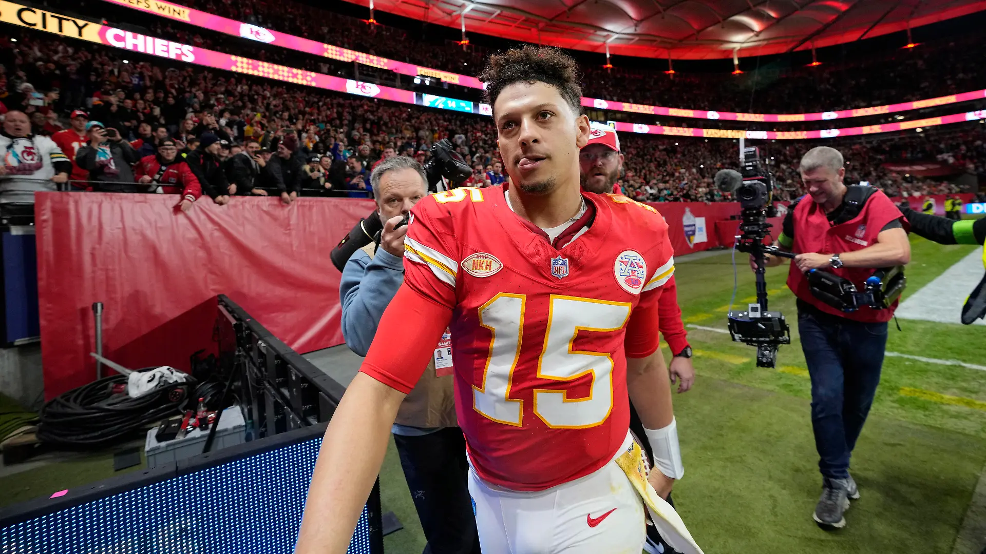Kansas City Chiefs quarterback Patrick Mahomes heads off the field following an NFL football game against the Miami Dolphins Sunday, Nov. 5, 2023, in Frankfurt, Germany. The Chiefs won 21-14. (AP Photo/Martin Meissner)