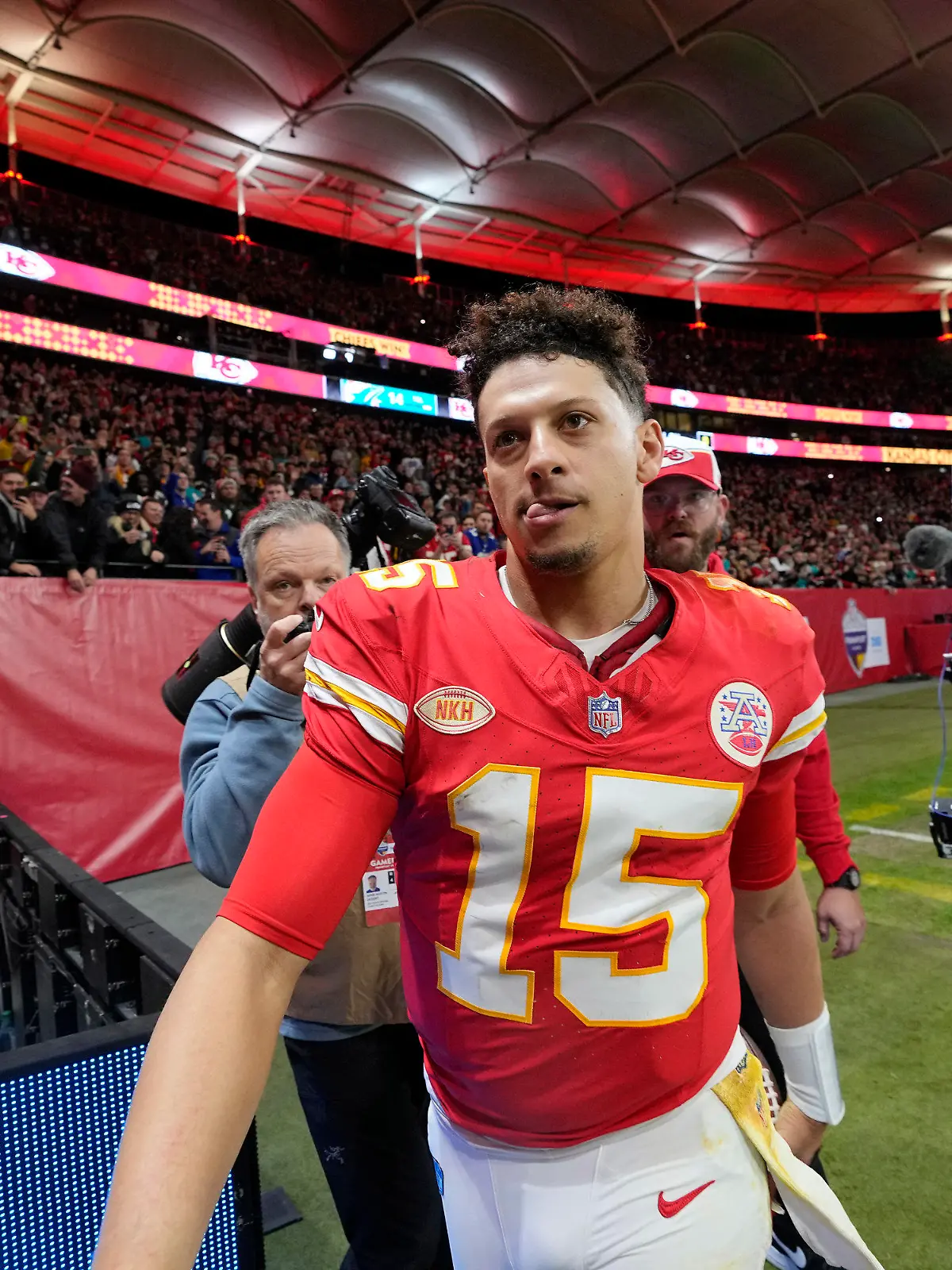 Kansas City Chiefs quarterback Patrick Mahomes heads off the field following an NFL football game against the Miami Dolphins Sunday, Nov. 5, 2023, in Frankfurt, Germany. The Chiefs won 21-14. (AP Photo/Martin Meissner)