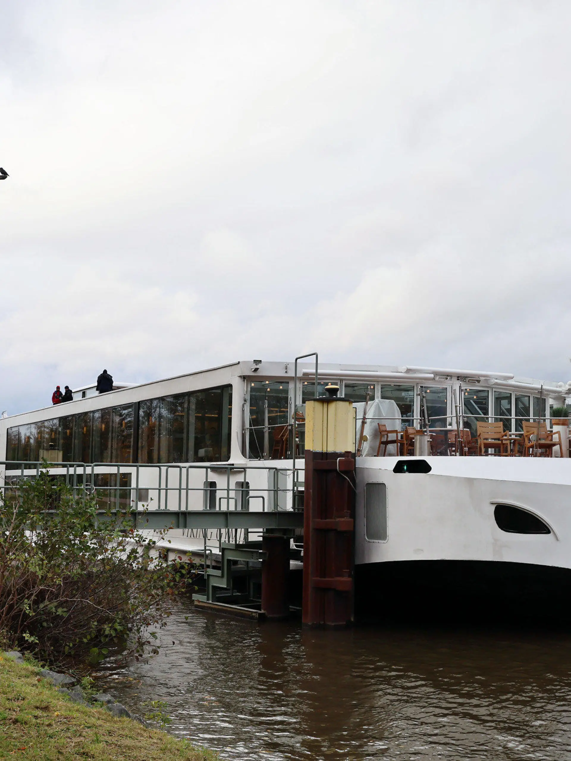 15.11.2023, Bayern, Miltenberg: Das Flusskreuzfahrtschiff «Viking Gymir» hat auf dem Main bei Miltenberg in Unterfranken angelegt. Das Schiff war Polizeiangaben zufolge zuvor gegen eine Eisenbahnbrücke gefahren und beschädigt worden. (zu dpa: «Flusskreuzfahrtschiff auf Main fährt gegen Eisenbahnbrücke») Foto: Ralf Hettler/dpa +++ dpa-Bildfunk +++