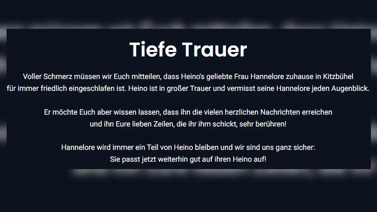 Screenshot der Traueranzeige auf Heinos Webseite.