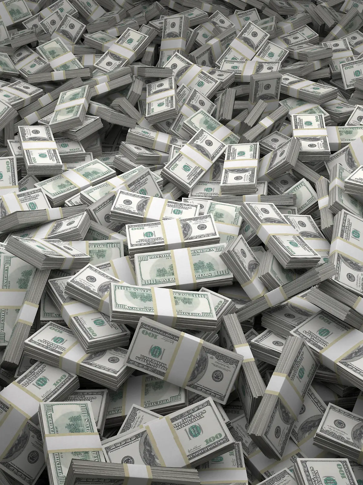 Bundles of $100 US dollar bills scattered randomly. Billions of dollars worth of money spread over the ground and viewed from above. A sea of money and great background.