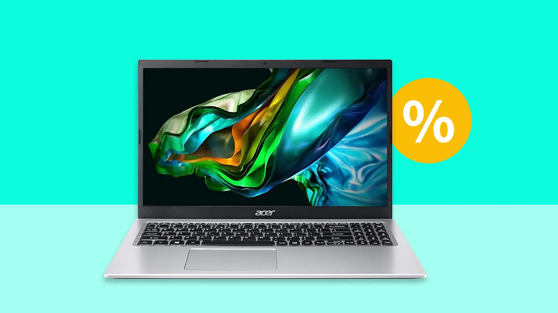 Acer Aspire 3 Laptop auf türkisem Hintergrund.