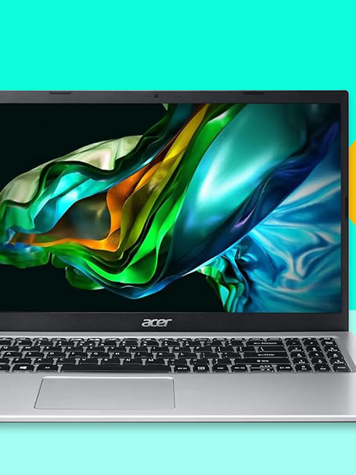 Acer Aspire 3 Laptop auf türkisem Hintergrund.