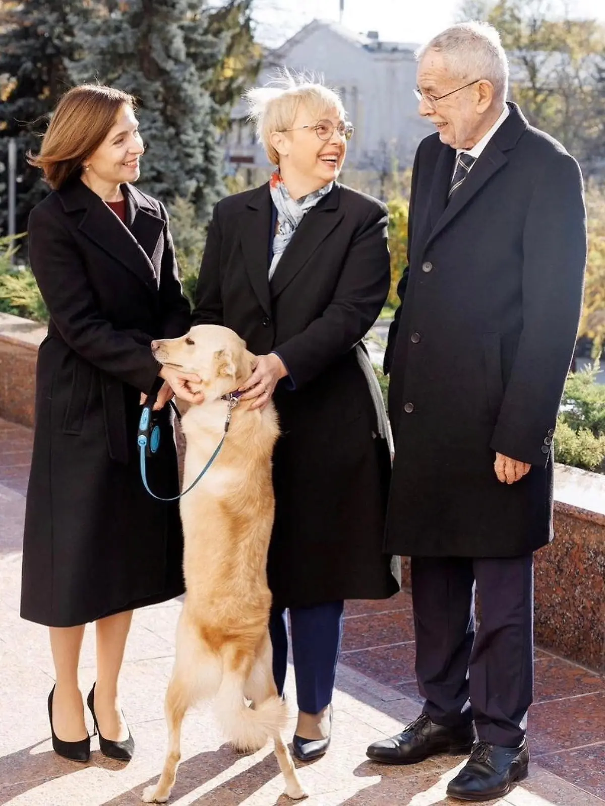 Moldova's President Maia Sandu and her dog greet Austria's President Alexander Van der Bellen and Slovenia's President Natasa Pirc Musar in Chisinau, Moldova November 16, 2023, in this handout picture. Maia Sandu via Instagram/Handout via REUTERS  THIS IMAGE HAS BEEN SUPPLIED BY A THIRD PARTY. MANDATORY CREDIT. NO RESALES. NO ARCHIVES.