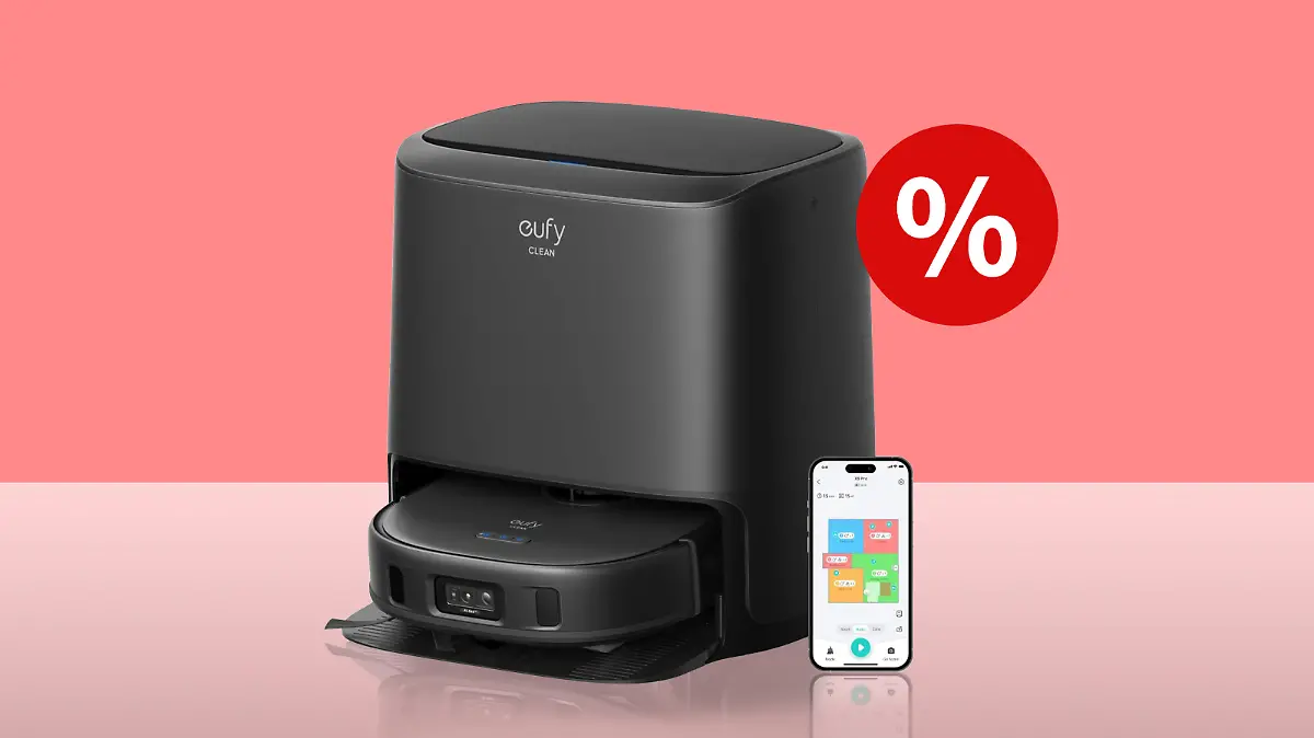 Eufy-Saugroboter mit App auf Smartphone.