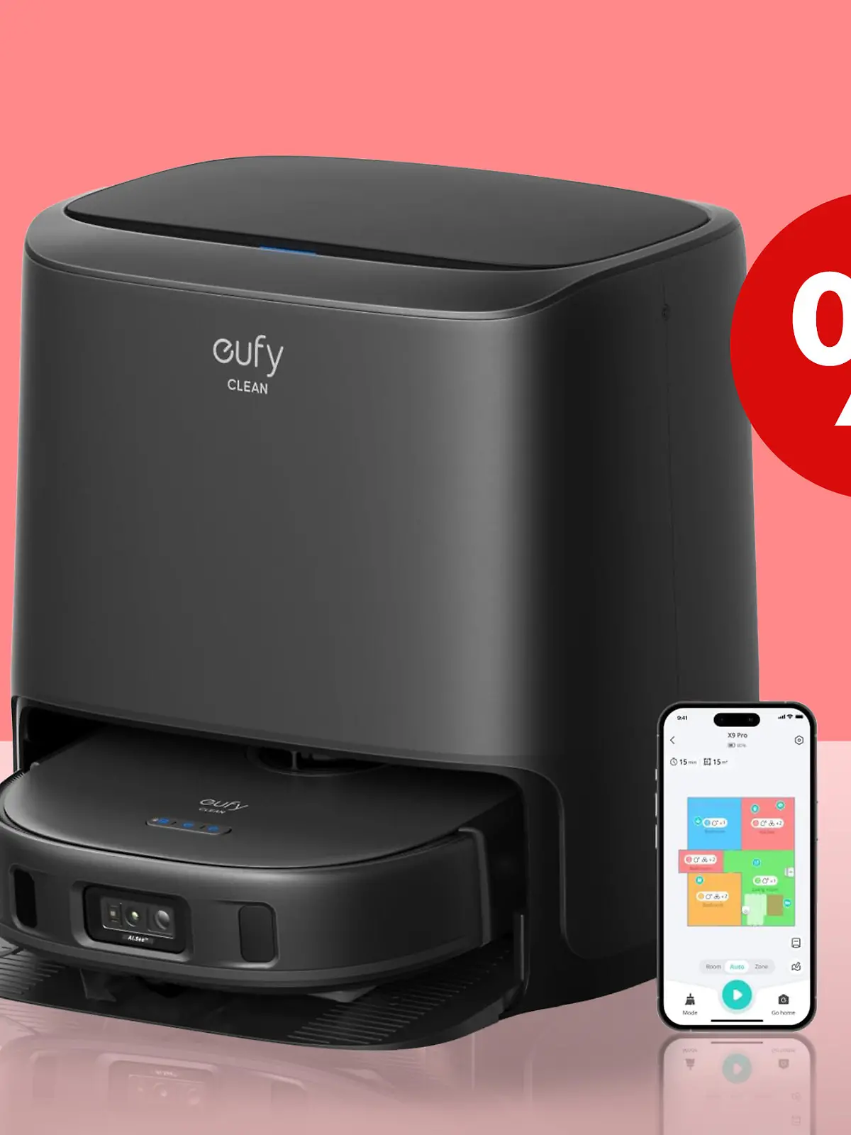 Eufy-Saugroboter mit App auf Smartphone.