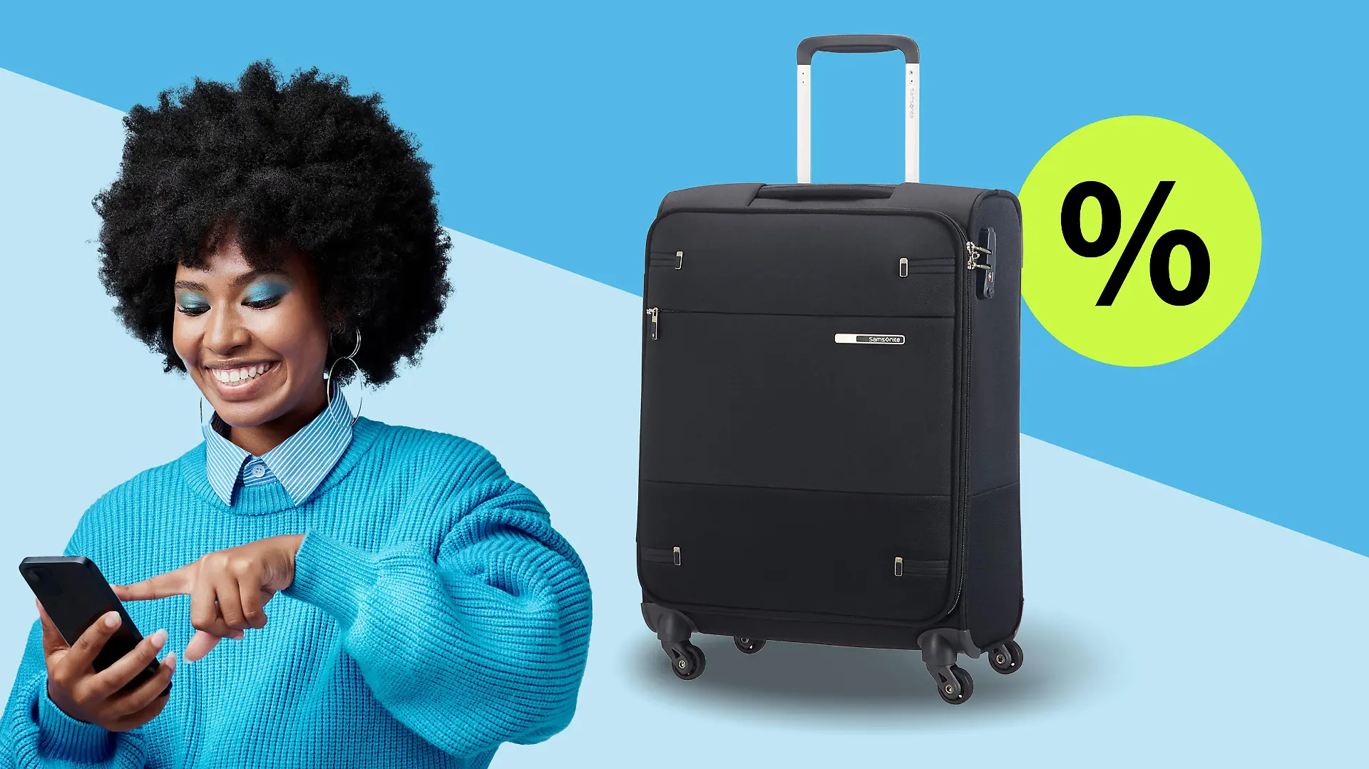 Samsonite-Koffer und glückliche Frau, die übers Handy bestellt.
