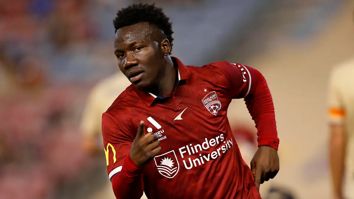 ALEAGUE JETS ADELAIDE, Nestory Irankunda of Adelaide United celebrates scoring a second half goal during the A-League Men s soccer match between the Newcastle Jets and Adelaide United at McDonald Jones Stadium in Newcastle, Saturday, March 11, 2023.  ACHTUNG: NUR REDAKTIONELLE NUTZUNG, KEINE ARCHIVIERUNG UND KEINE BUCHNUTZUNG NEWCASTLE NEW SOUTH WALES AUSTRALIA PUBLICATIONxINxGERxSUIxAUTxONLY Copyright: xDARRENxPATEMANx 20230311001773901530