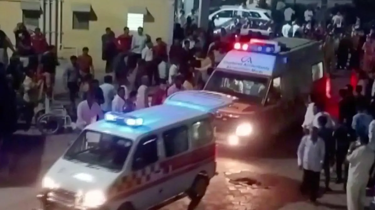 Ambulances arrive at a hospital following the collapse of a suspension bridge in Morbi, India October 30, 2022 in this screen grab obtained from a video. ANI/ Handout via REUTERS THIS IMAGE HAS BEEN SUPPLIED BY A THIRD PARTY INDIA OUT. NO COMMERCIAL OR EDITORIAL SALES IN INDIA