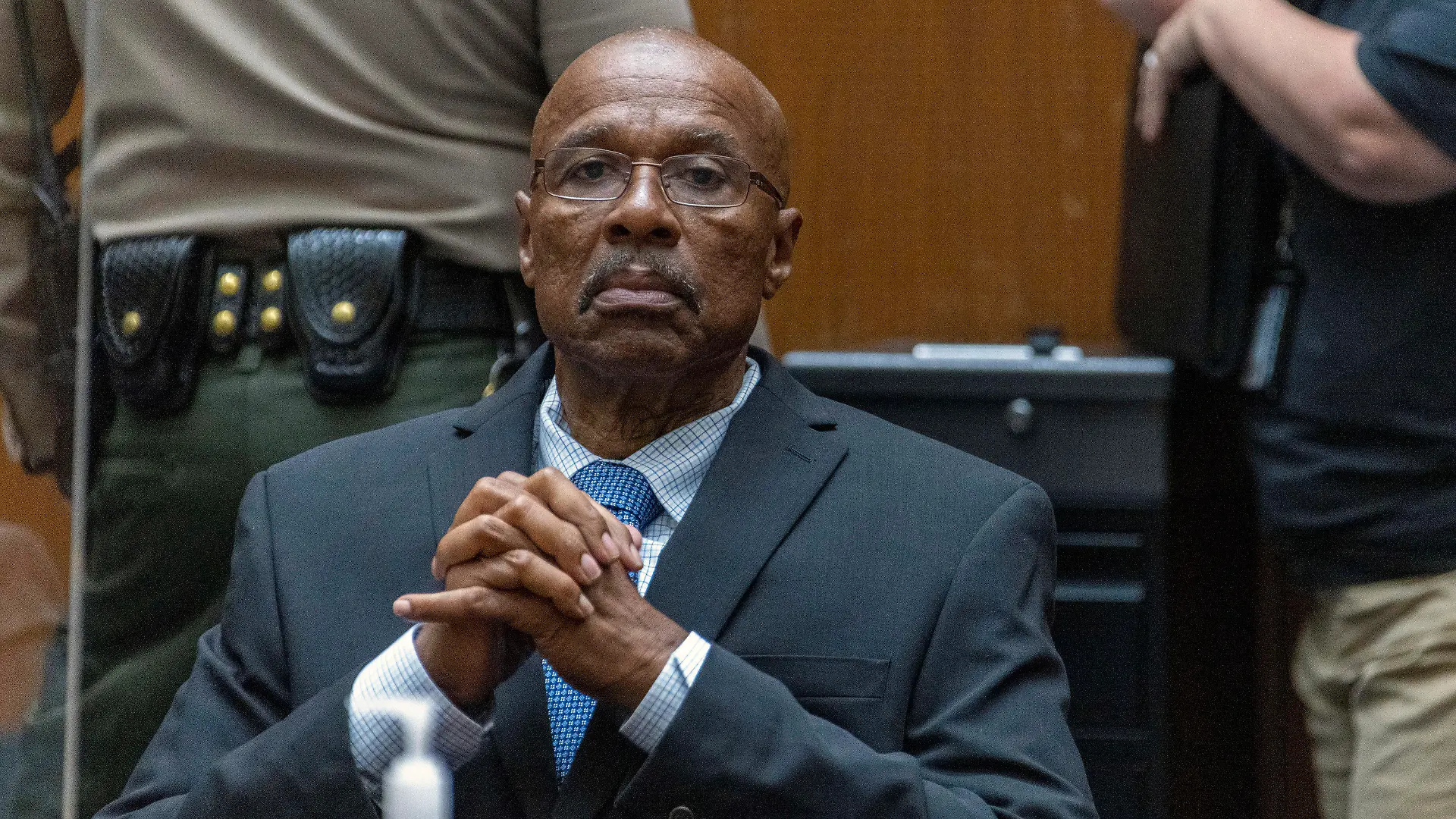 In this photo provided by Cal State LA, Maurice Hastings listens at a hearing at Los Angeles Superior Court where a judge dismissed his conviction for murder after new DNA evidence exonerated him, Oct. 20, 2022, in Los Angeles. (J. Emilio Flores/Cal State LA via AP)