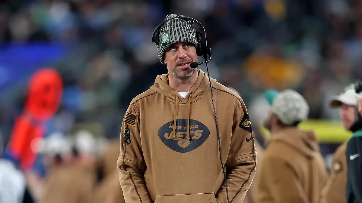 Nov 6, 2023; East Rutherford, New Jersey, USA; New York Jets injured quarterback Aaron Rodgers (8) reacts during the fourth quarter against the Los Angeles Chargers at MetLife Stadium. Mandatory Credit: Brad Penner-USA TODAY Sports