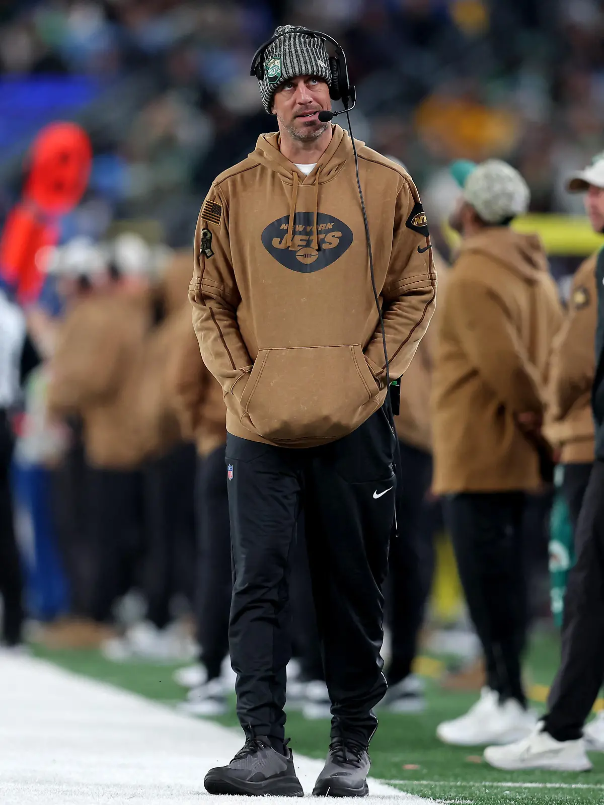 Nov 6, 2023; East Rutherford, New Jersey, USA; New York Jets injured quarterback Aaron Rodgers (8) reacts during the fourth quarter against the Los Angeles Chargers at MetLife Stadium. Mandatory Credit: Brad Penner-USA TODAY Sports