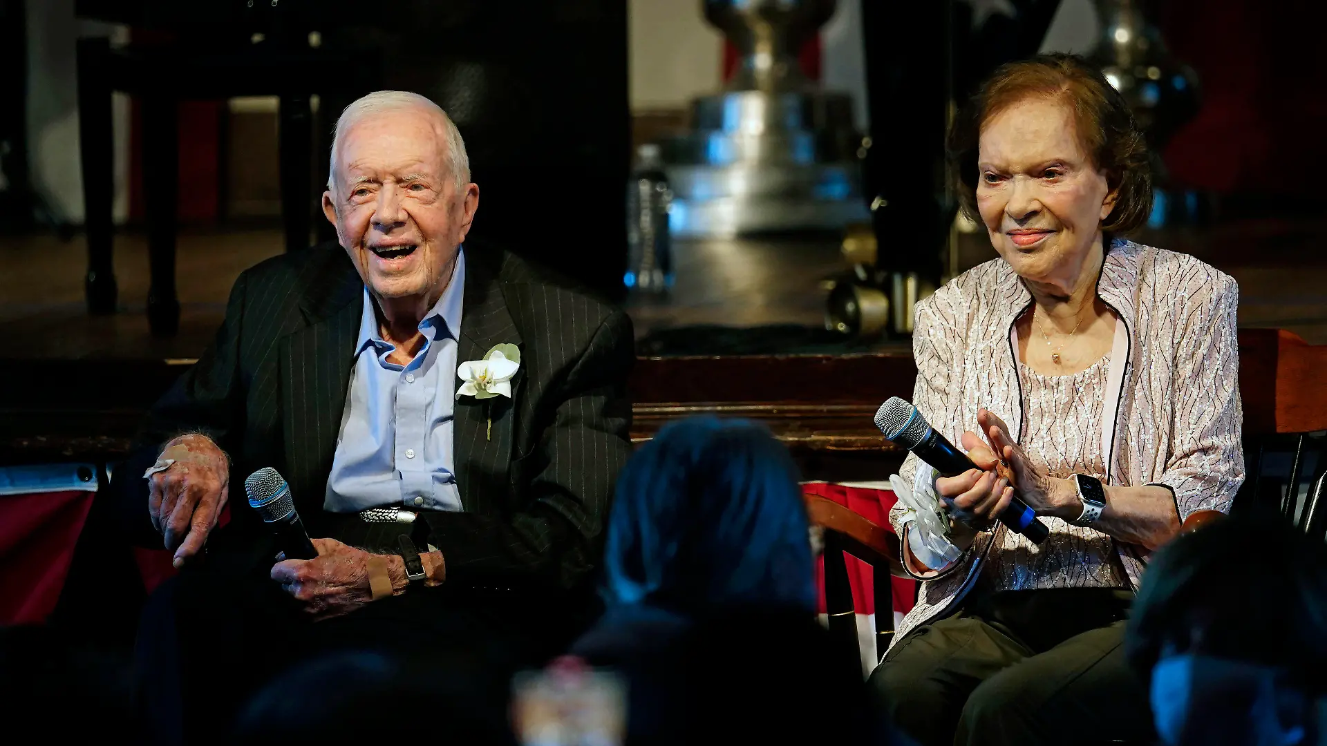 FILE - Former U.S. President Jimmy Carter and his wife, former first lady Rosalynn Carter, sit together during a reception to celebrate their 75th wedding anniversary, July 10, 2021, in Plains, Ga. Rosalynn Carter, the closest adviser to Jimmy Carter during his one term as U.S. president and their four decades thereafter as global humanitarians, died Sunday, Nov. 19, 2023. She was 96. (AP Photo/John Bazemore, Pool, File)