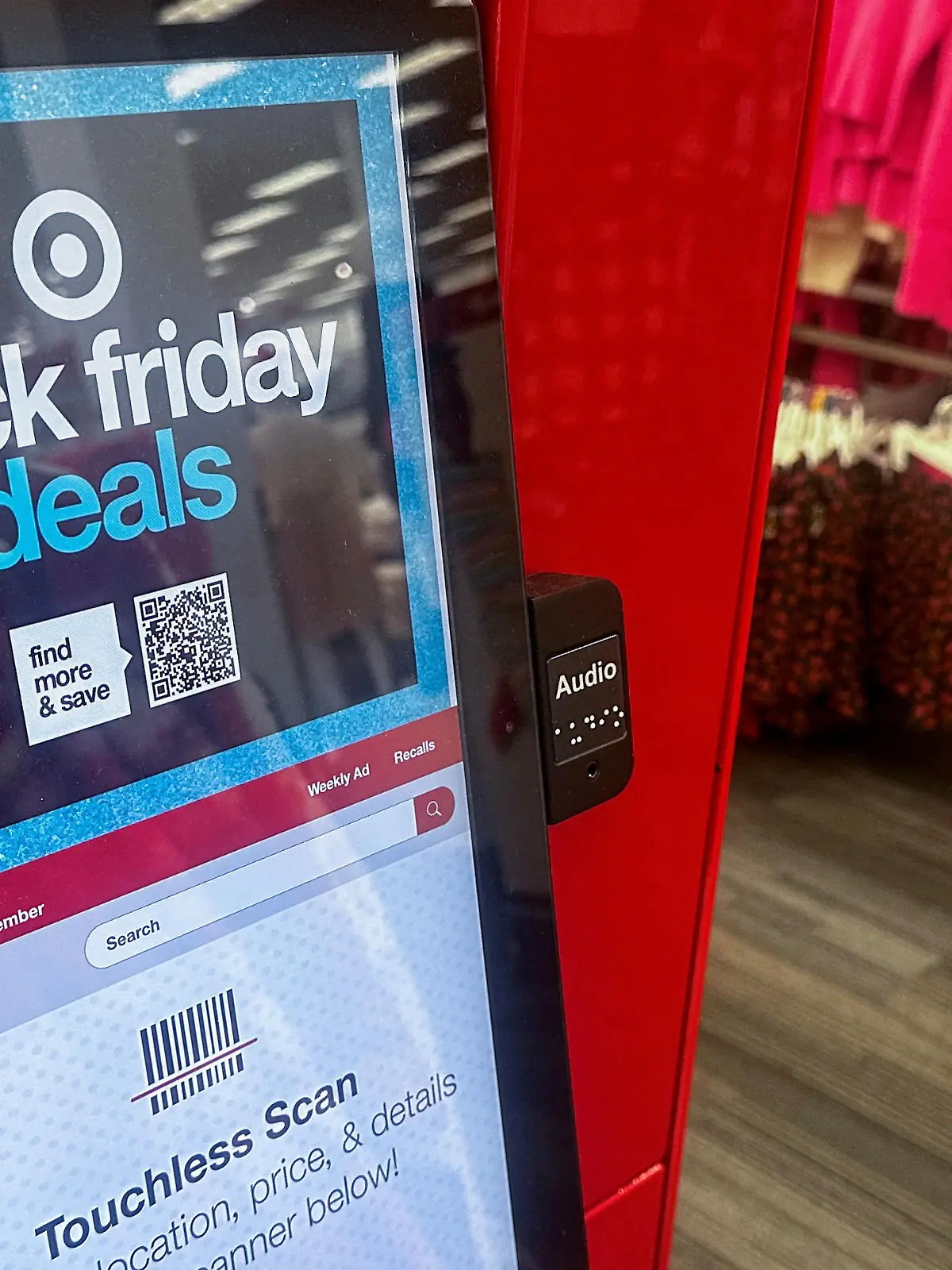 FILE PHOTO: A Black Friday advertisement is seen on a touchless scanner at aTarget store in Port Washington, New York, U.S., November 15, 2023.  REUTERS/Shannon Stapleton/File Photo