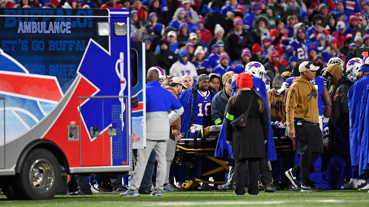 Buffalo Bills safety Taylor Rapp is taken from the field in an ambulance after being injured on a play during the first half of an NFL football game against the New York Jets in Orchard Park, N.Y., Sunday, Nov. 19, 2023. (AP Photo/Adrian Kraus)