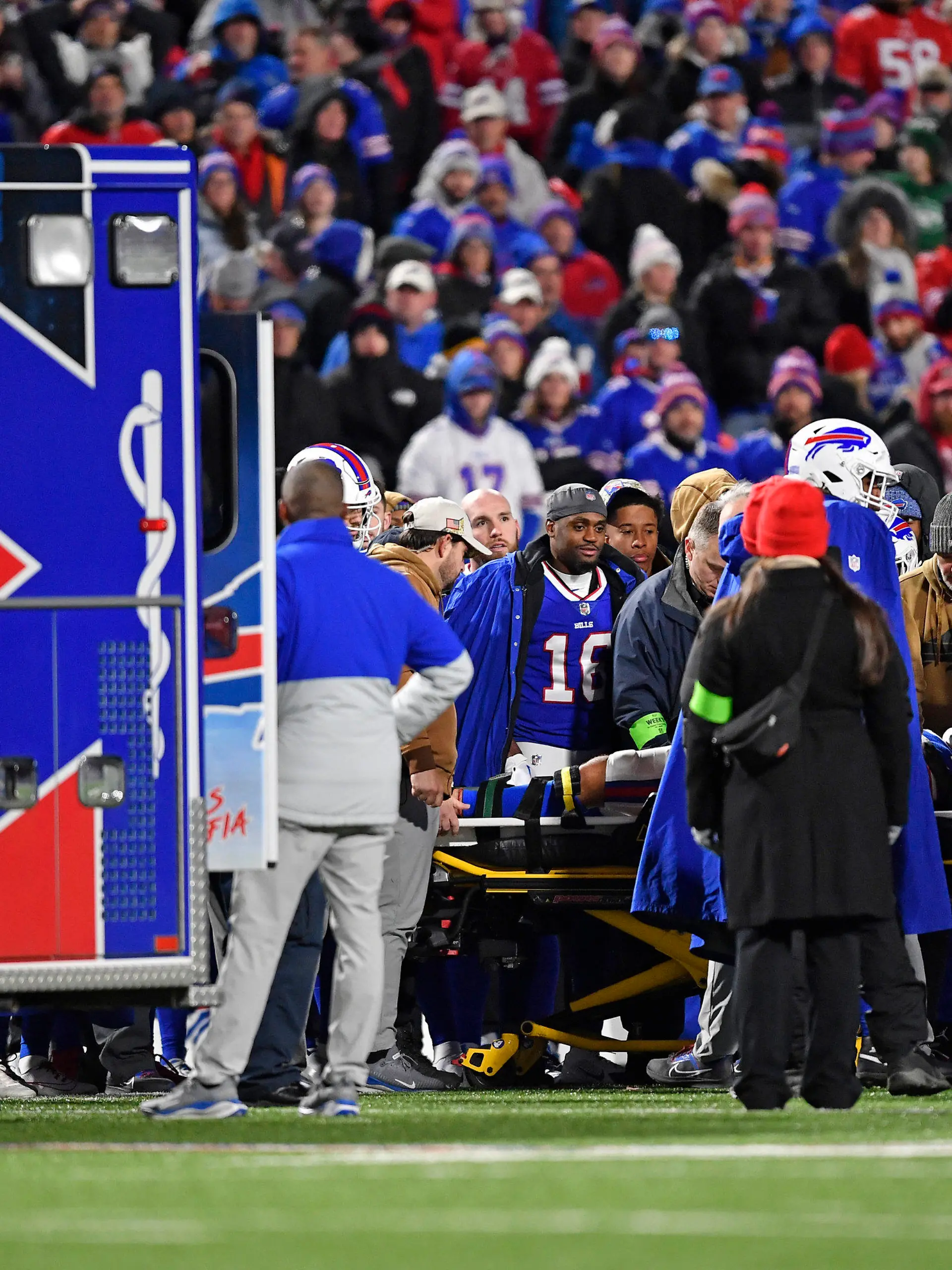 Buffalo Bills safety Taylor Rapp is taken from the field in an ambulance after being injured on a play during the first half of an NFL football game against the New York Jets in Orchard Park, N.Y., Sunday, Nov. 19, 2023. (AP Photo/Adrian Kraus)