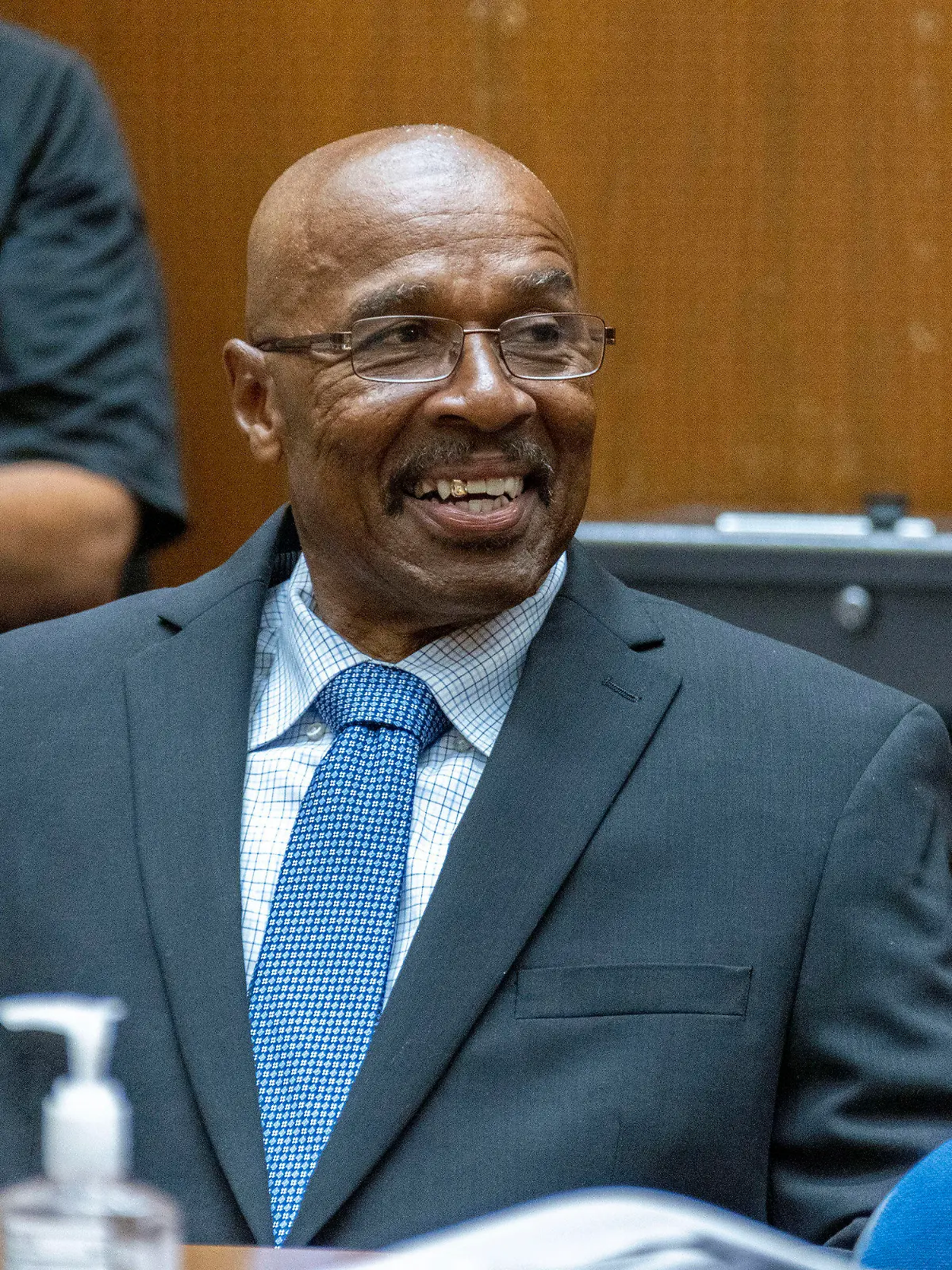 In this photo provided by Cal State LA, Maurice Hastings smiles at a hearing at Los Angeles Superior Court where a judge dismissed his conviction for murder after new DNA evidence exonerated him, Oct. 20, 2022, in Los Angeles. (J. Emilio Flores/Cal State LA via AP)