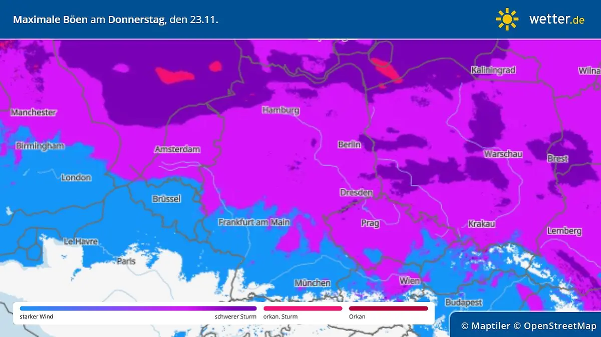 Windgeschwindigkeiten in Deutschland am Donnerstag, 13. November