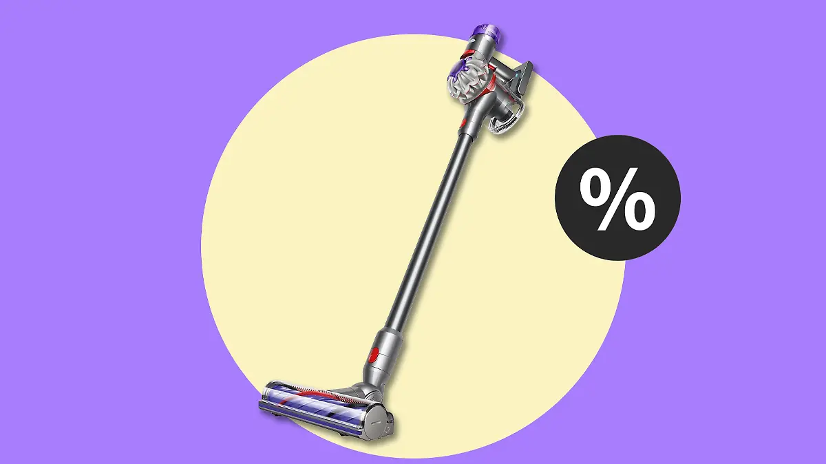 Der Dyson V8 Stilstaubsauger auf lila-gelben Hintergrund und einem Prozentzeichen.