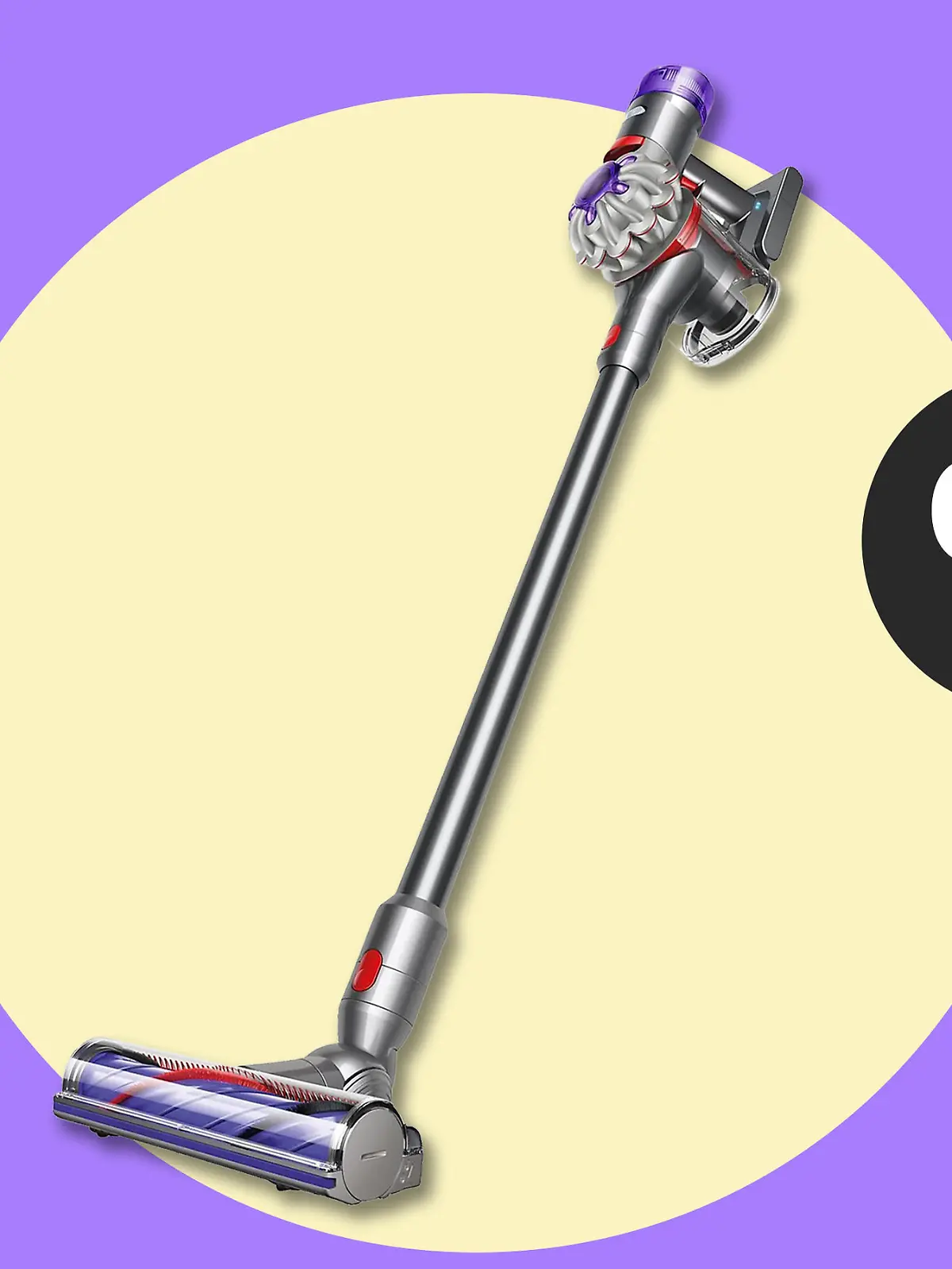 Der Dyson V8 Stilstaubsauger auf lila-gelben Hintergrund und einem Prozentzeichen.