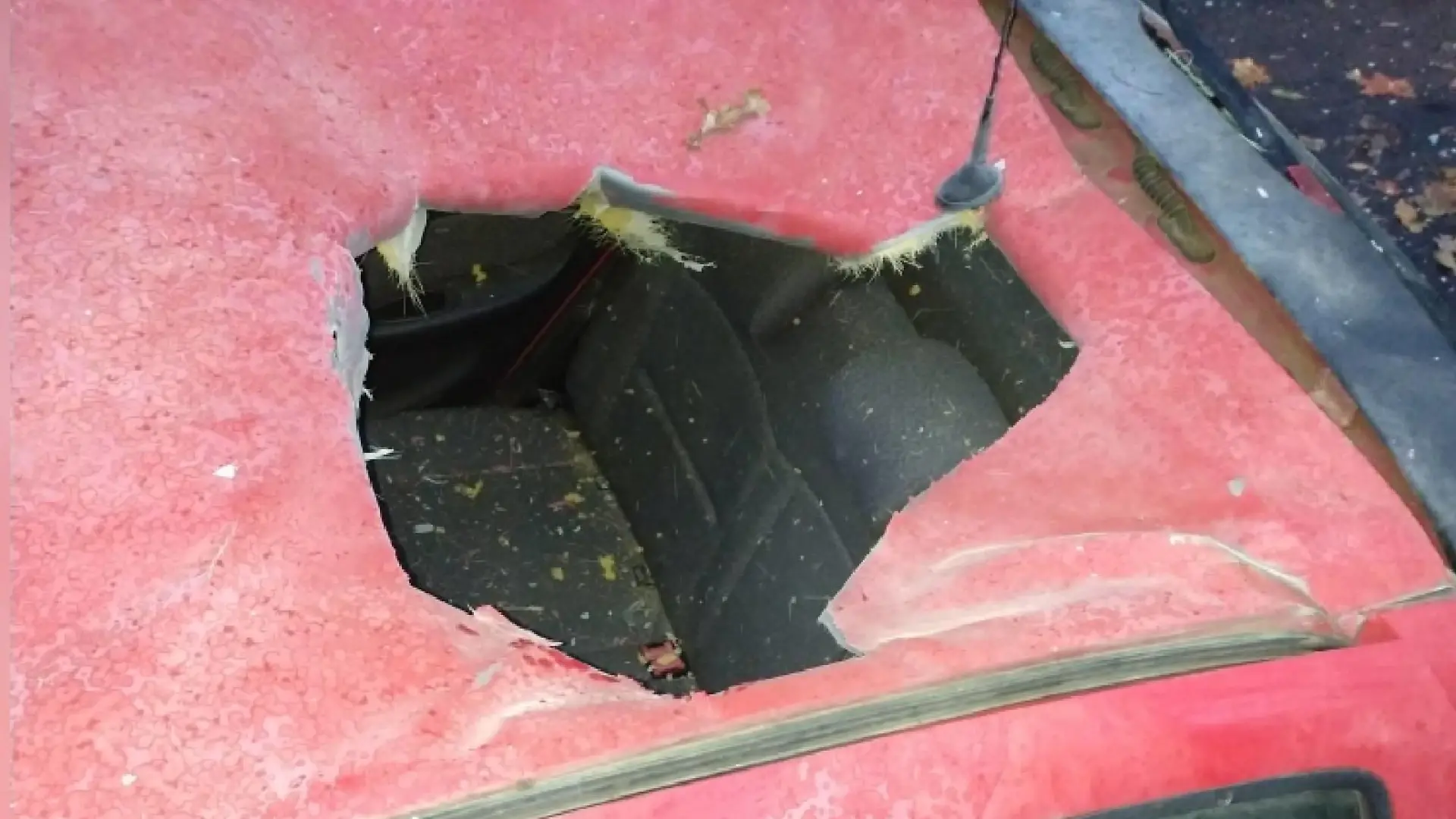 Im Dach des Autos klafft ein riesiges Loch - auch die Rückbank wurde zerstört.