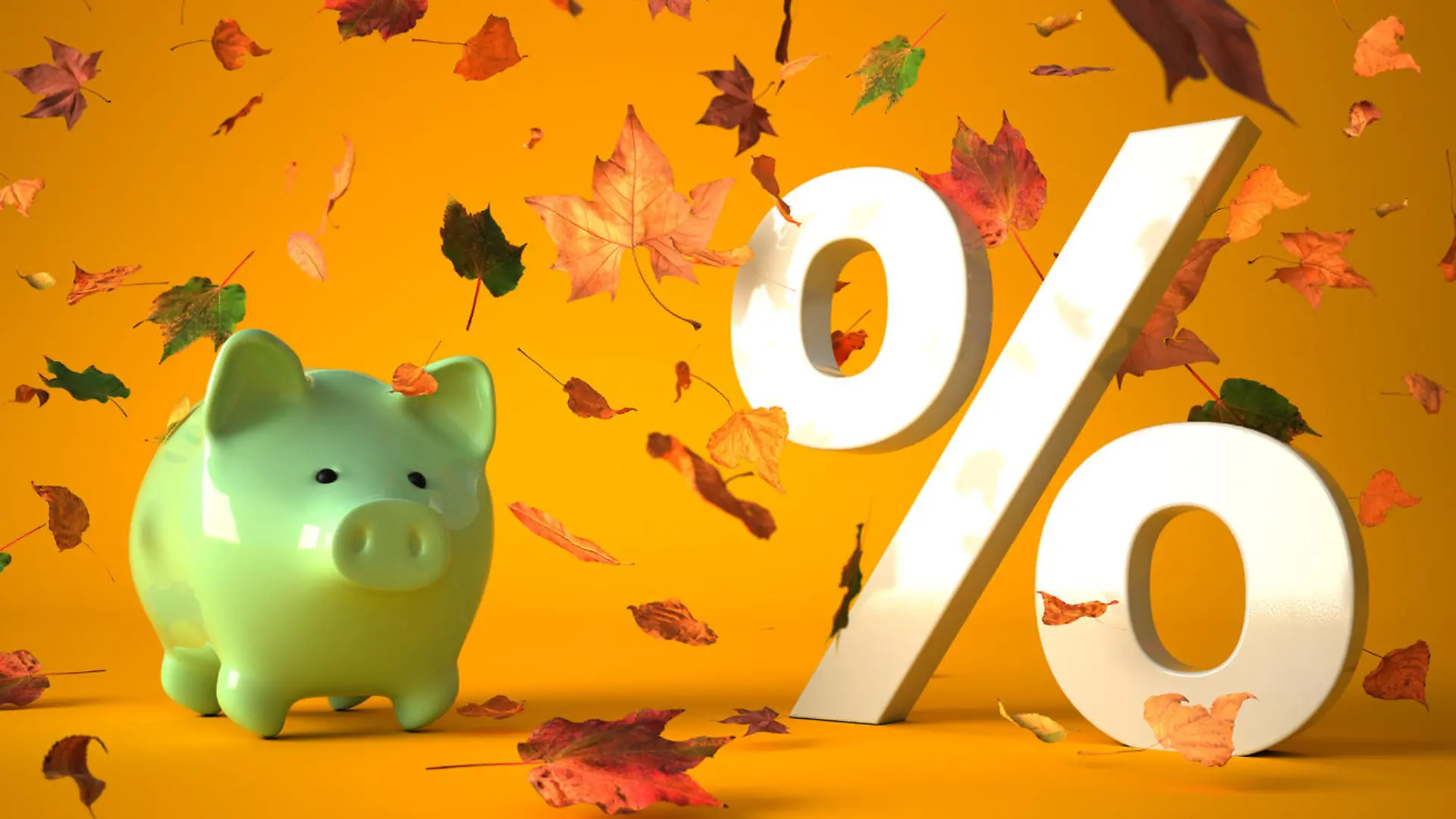 Piggy bank with white percent in autumn leaves. 3d illustration.