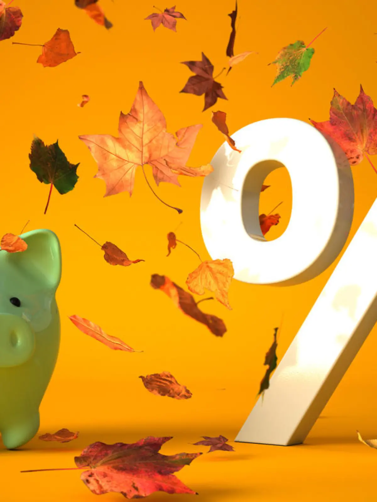 Piggy bank with white percent in autumn leaves. 3d illustration.