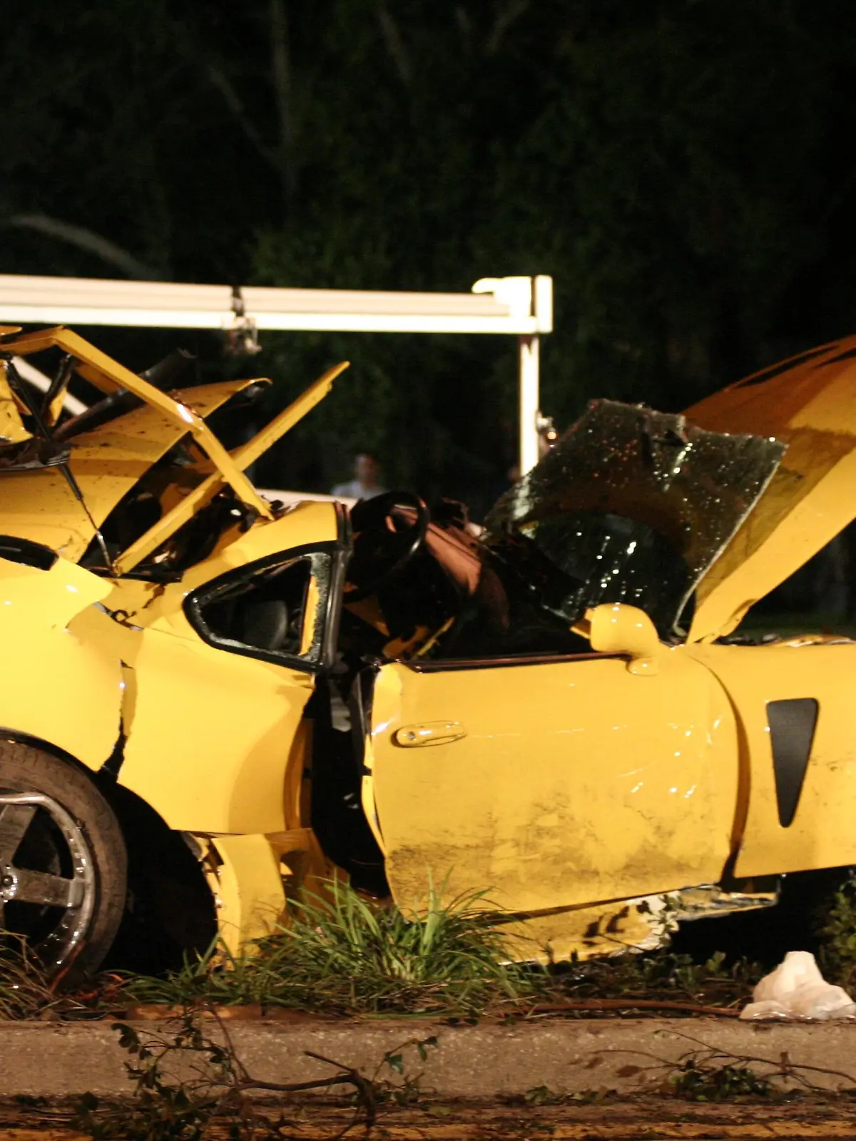 Son of Hulk Hogan Nick Bollea who also goes by the name Nick Hogan was involved in a very serious car crash today in Clearwater Florida. Nick was the driver of his yellow Toyota Supra and had to be cut out of the car with the jaws of life. Hulk showed up at the scene almost immediately and watched his son get flown out by a helicopter to hospital.
<P>
Picture by: Luis Santana <br>
<B>Ref:  LSFL 260807 A <B/>
<P>
<B>Splash News and Pictures</B><br>
Los Angeles:	310-821-2666<br>
New York:	212-619-2666<br>
London:	207-107-2666<br>
photodesk@splashnews.com<br>
www.splashnews.com