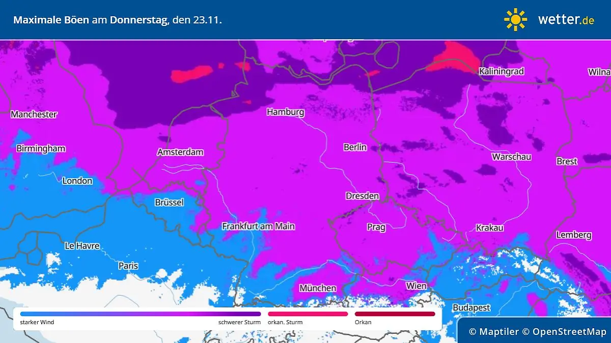 Prognose und Vorhersage Sturm- und Windgefahr am Donnerstag, 23. November 2023
