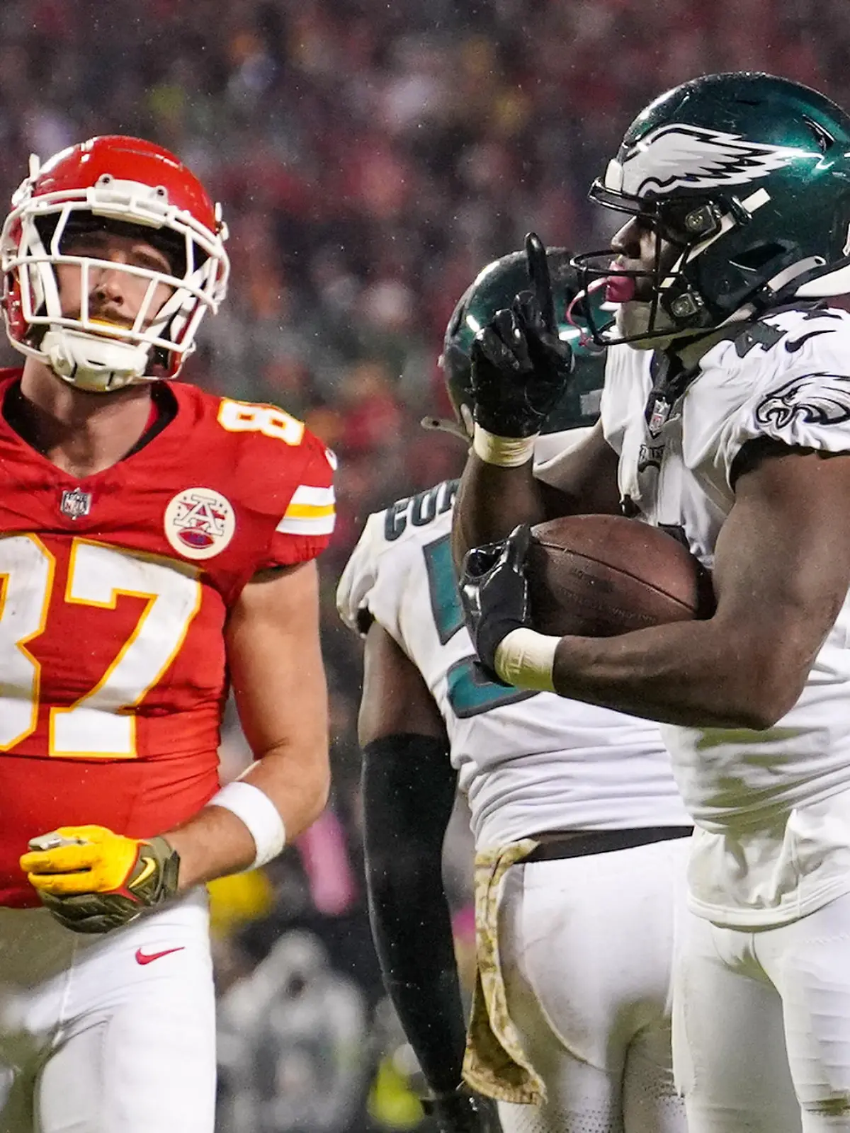 Nov 20, 2023; Kansas City, Missouri, USA; Philadelphia Eagles linebacker Nicholas Morrow (41) celebrates after recovering a fumble as Kansas City Chiefs tight end Travis Kelce (87) reacts during the second half at GEHA Field at Arrowhead Stadium. Mandatory Credit: Denny Medley-USA TODAY Sports
