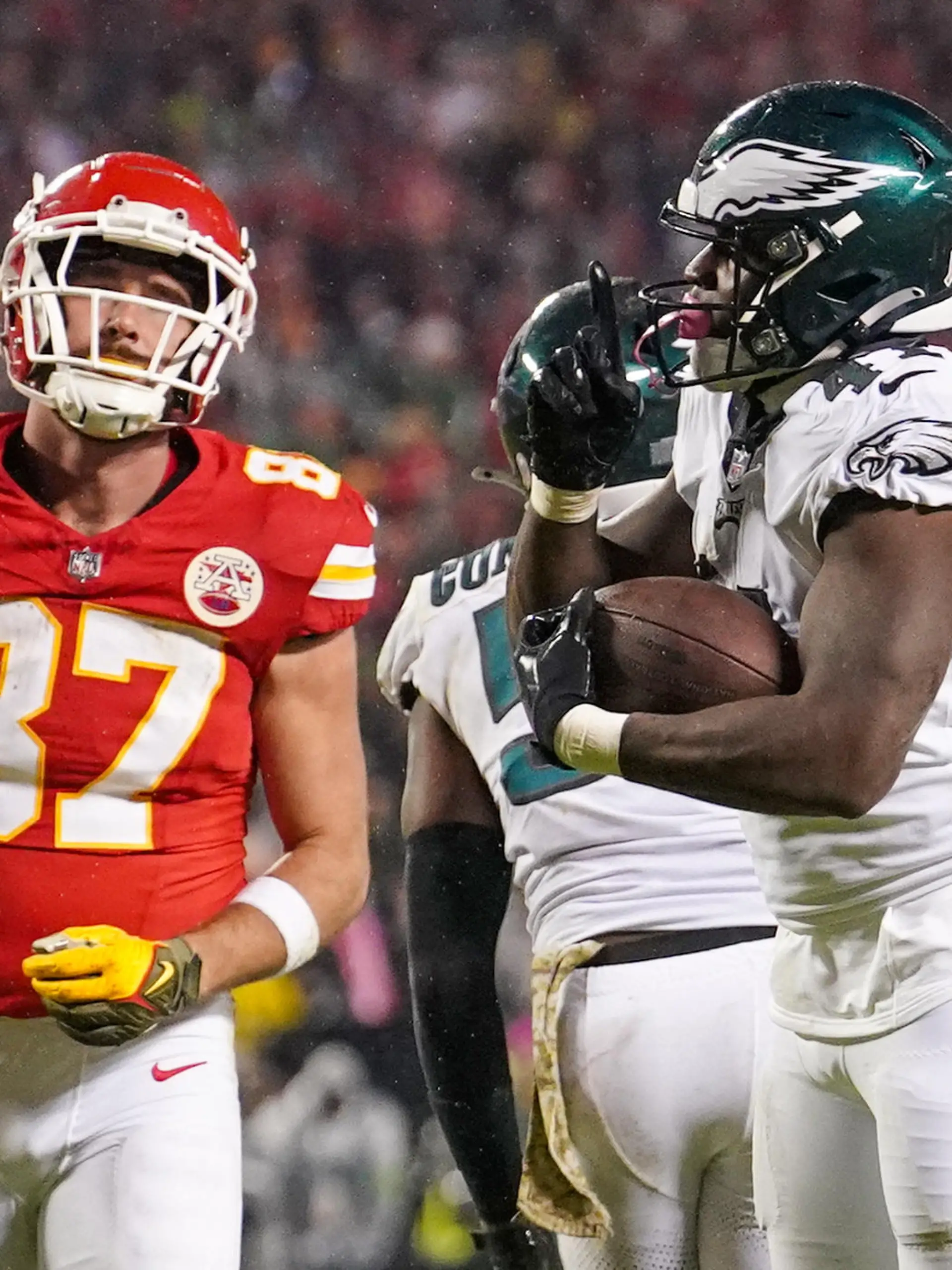 Nov 20, 2023; Kansas City, Missouri, USA; Philadelphia Eagles linebacker Nicholas Morrow (41) celebrates after recovering a fumble as Kansas City Chiefs tight end Travis Kelce (87) reacts during the second half at GEHA Field at Arrowhead Stadium. Mandatory Credit: Denny Medley-USA TODAY Sports