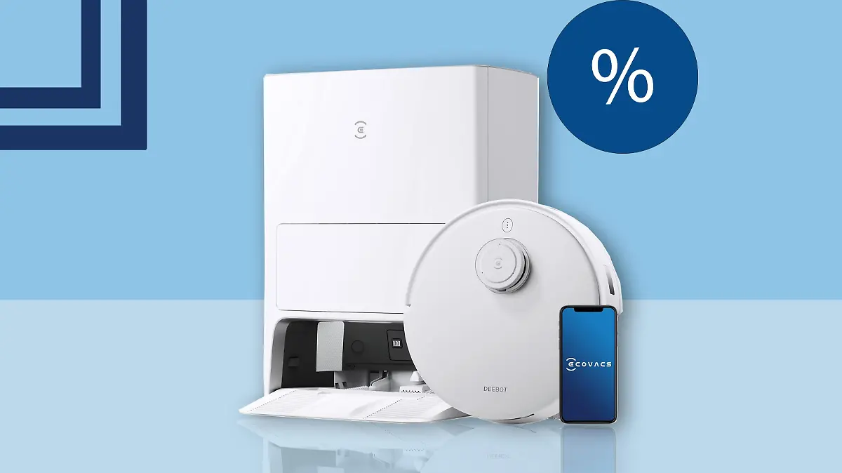 Der Ecovacs Deebot Staubsaugerroboter vor hellblauem Hintergrund zum Black Friday.