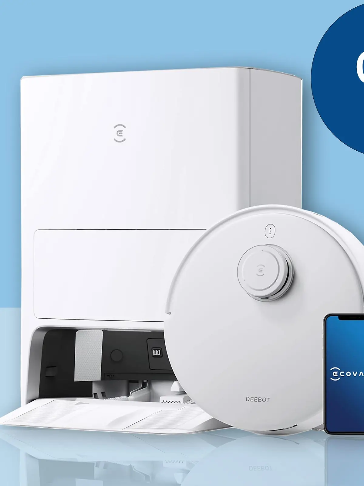 Der Ecovacs Deebot Staubsaugerroboter vor hellblauem Hintergrund zum Black Friday.