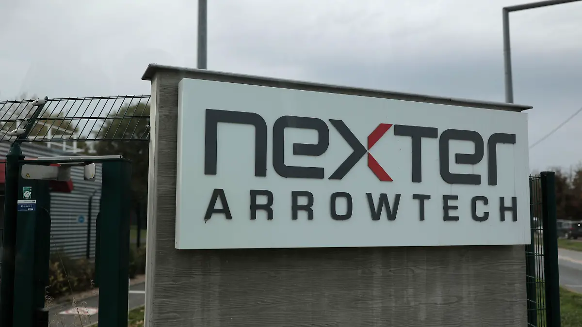 The entrance of the Nexter Arrowtech facility is pictured Thursday, Oct. 27, 2022 in Bourges, south of Paris. In a show of France's military prowess, President Emmanuel Macron has visited the Caesar cannon firing range and missile testing facility. The visit comes four months after Macron set out the need to adapt the French military to new conditions amid war in Europe. (AP Photo/Lewis Joly, Pool)