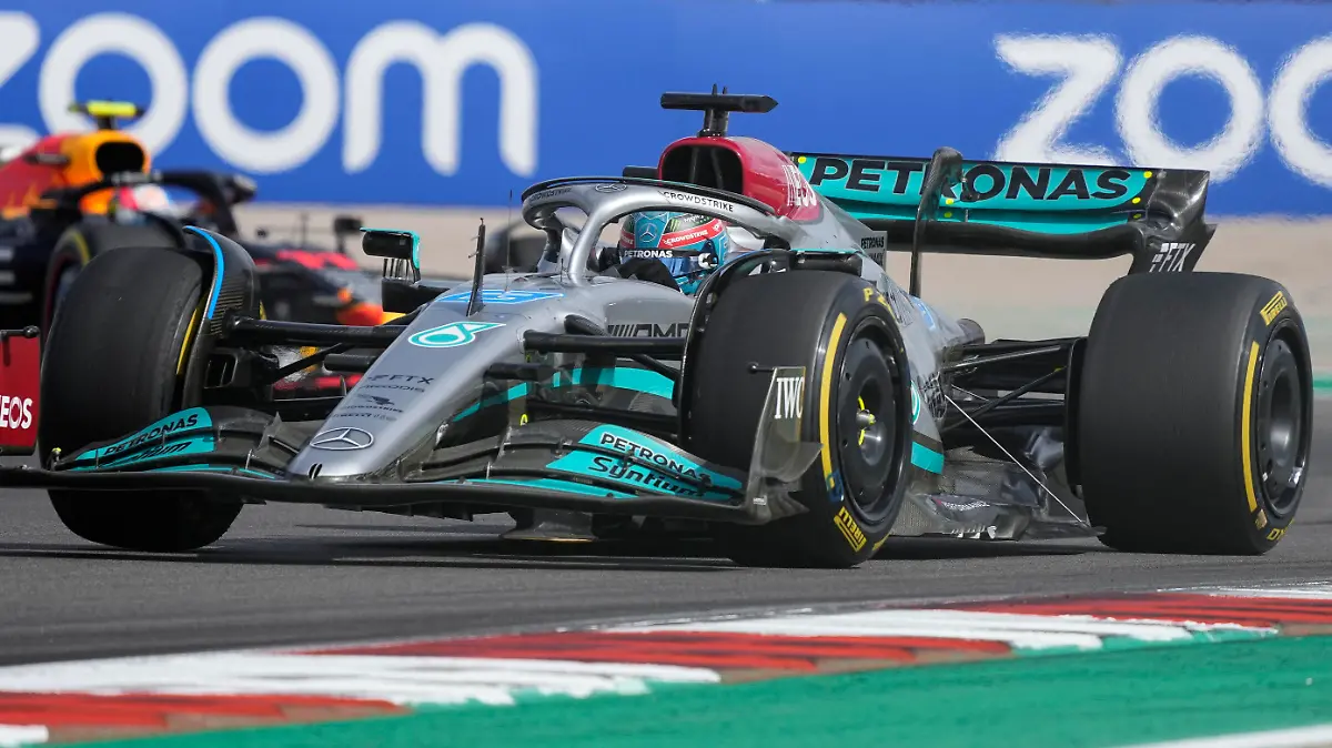 Mercedes driver George Russell, of Britain, drives during the Formula One U.S. Grand Prix auto race at the Circuit of the Americas, Sunday, Oct. 23, 2022, in Austin, Texas. (AP Photo/Charlie Neibergall)