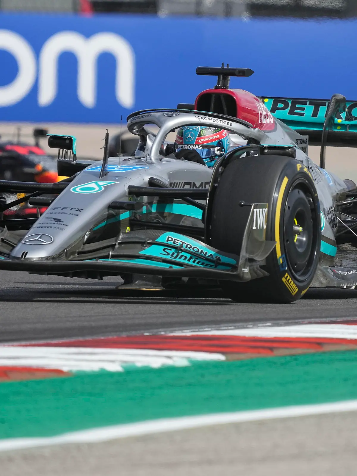 Mercedes driver George Russell, of Britain, drives during the Formula One U.S. Grand Prix auto race at the Circuit of the Americas, Sunday, Oct. 23, 2022, in Austin, Texas. (AP Photo/Charlie Neibergall)