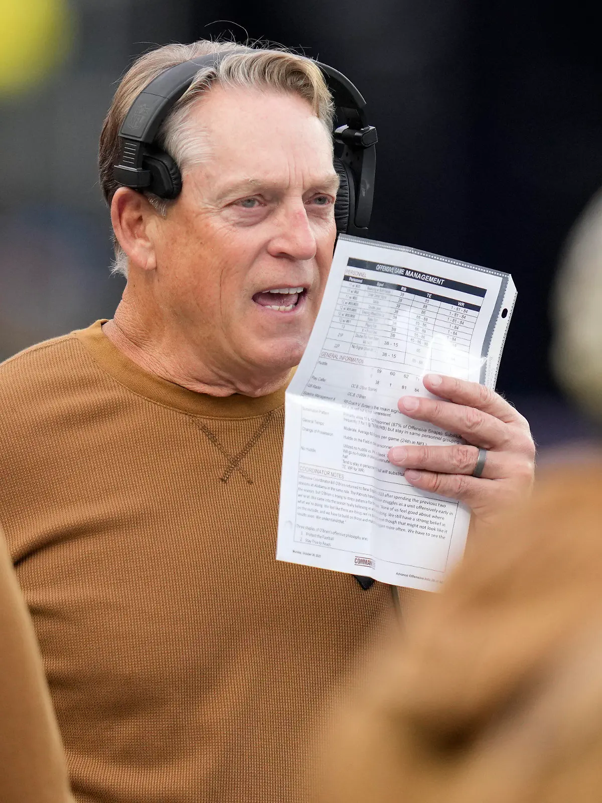 FILE - Washington Commanders defensive coordinator Jack Del Rio during an NFL football game, Sunday, Nov. 5, 2023, in Foxborough, Mass. The Washington Commanders have fired defensive coordinator Jack Del Rio and defensive backs coach Brent Vieselmeyer. Del Rio was 12 games into his fourth season with the team. The moves made Friday, Nov. 24,  come after the Commanders lost 45-10 at Dallas on Thursday. (AP Photo/Charles Krupa, File)