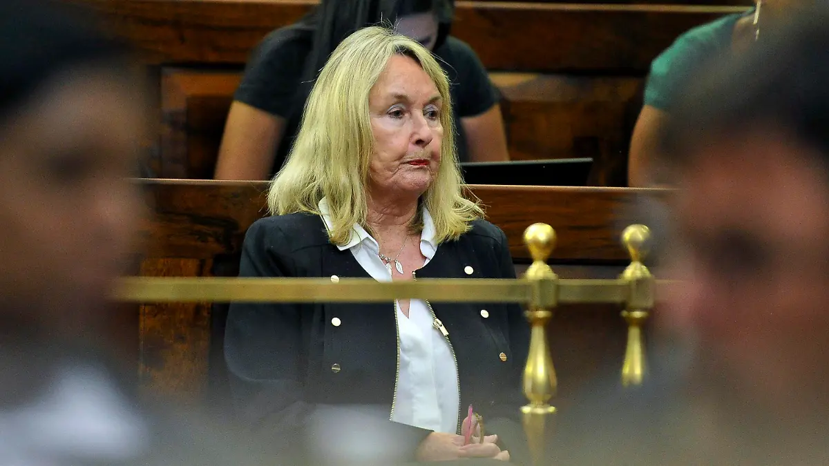 FILE - June Steenkamp, mother of Reeva Steenkamp, inside the High Court of Appeal in Bloemfontein, South Africa, Friday, Nov. 3, 2017. Oscar Pistorius could be granted parole on Friday, Nov. 24, 2023 after nearly 10 years in prison for killing his girlfriend. The double-amputee Olympic runner was convicted of a charge comparable to third-degree murder for shooting Reeva Steenkamp in his home in 2013. He has been in prison since late 2014. (AP Photo, File)