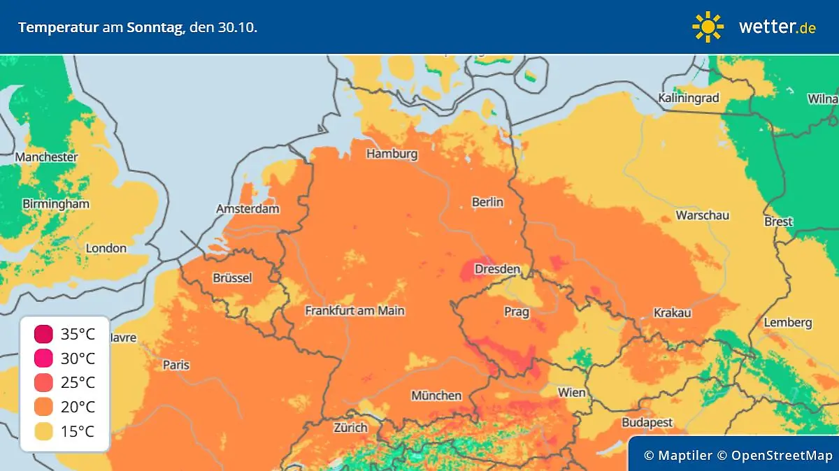 Die Grafik zeigt die Höchstwerte in Deutschland für Sonntag, 30.10.2022