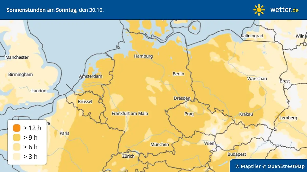 Die Grafik zeigt die Sonnenstunden am Sonntag, 30.10.2022