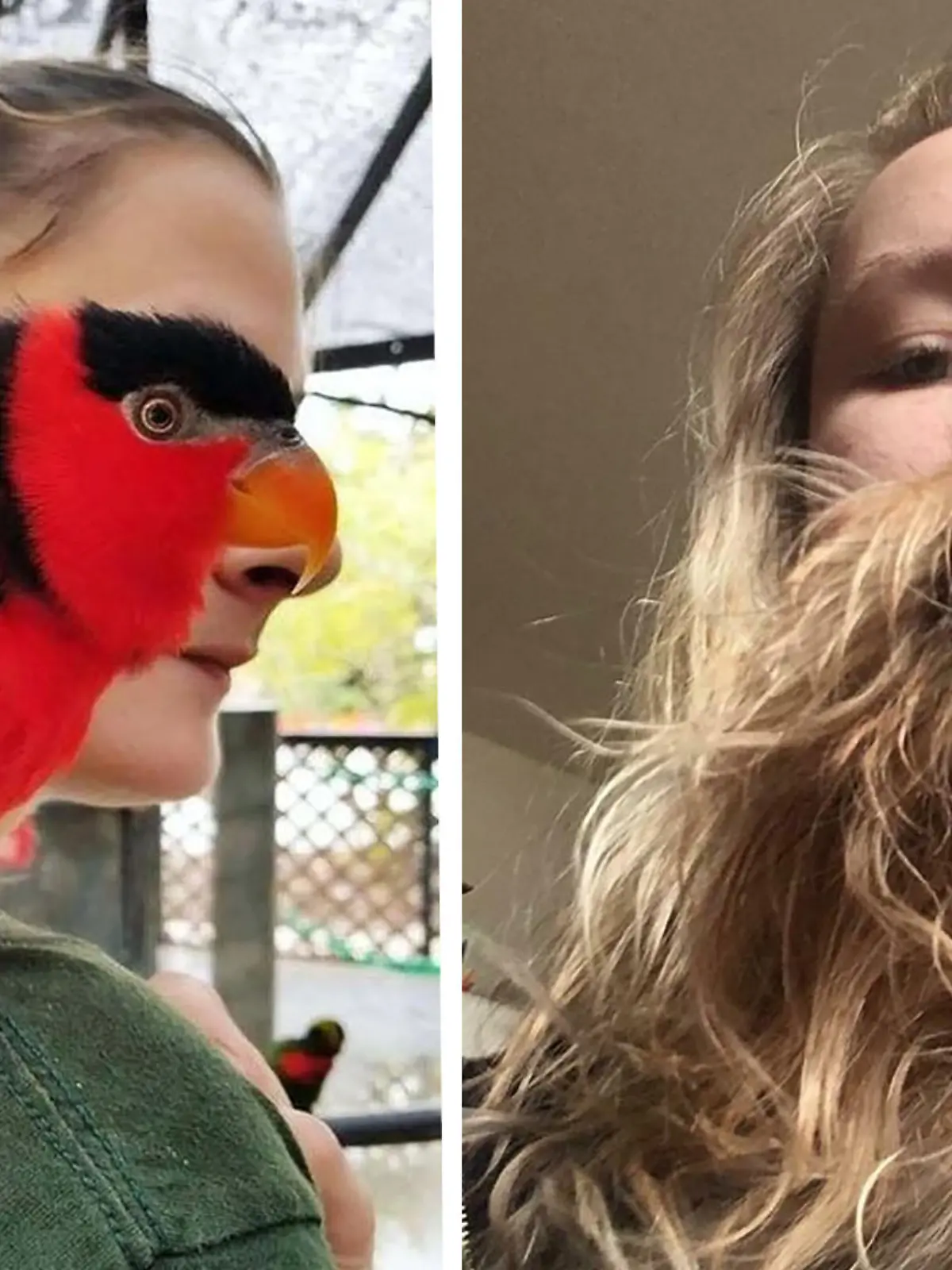 Eine Frau mit einem Papagei auf der Schulter und eine Hundebesitzerin mit Vollbart