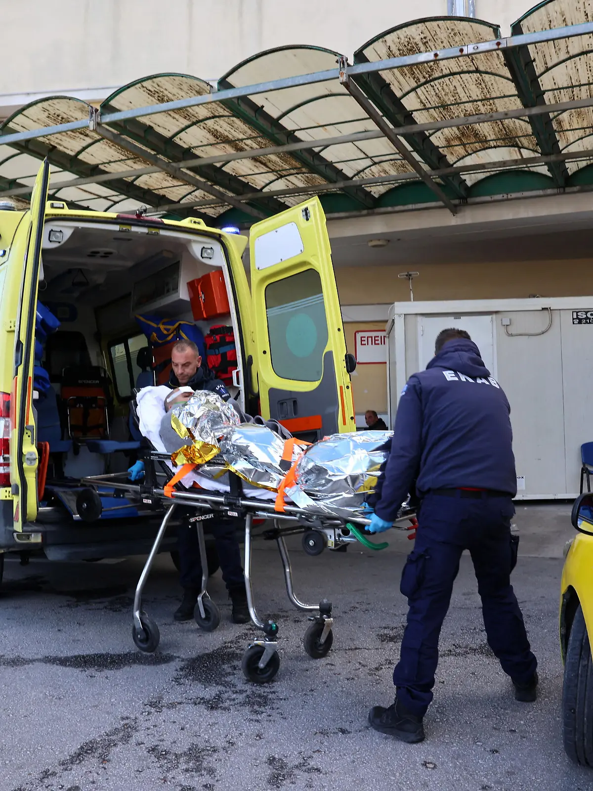A crew member of a cargo ship is transferred to a hospital following a rescue operation, after a vessel sank off the Greek island of Lesbos, Greece, November 26, 2023. Manolis Lagoutaris/INTIME NEWS via REUTERS ATTENTION EDITORS - THIS IMAGE HAS BEEN SUPPLIED BY A THIRD PARTY. NO RESALES. NO ARCHIVES. NO EDITORIAL SALES IN GREECE