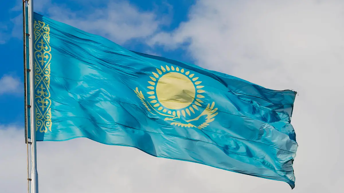 Kazakhstan national flag in the wind, Independence Park, Shymkent, South Region, Kazakhstan, Central Asia